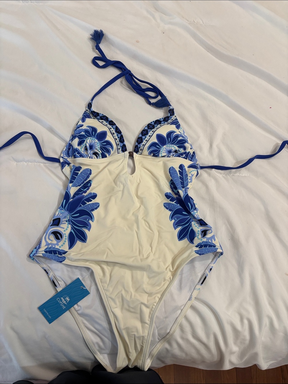 Cupshe Blue & Cream Floral Halter One-Piece Swimsuit